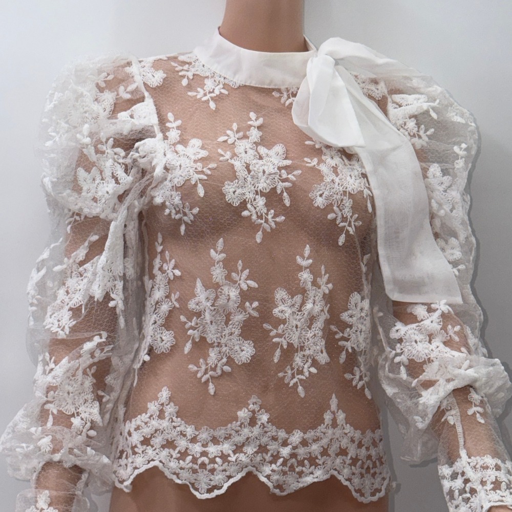 Sheer White Floral Lace Mesh Tie Neck Puff Sleeve Blouse Coquette Cottagecore M